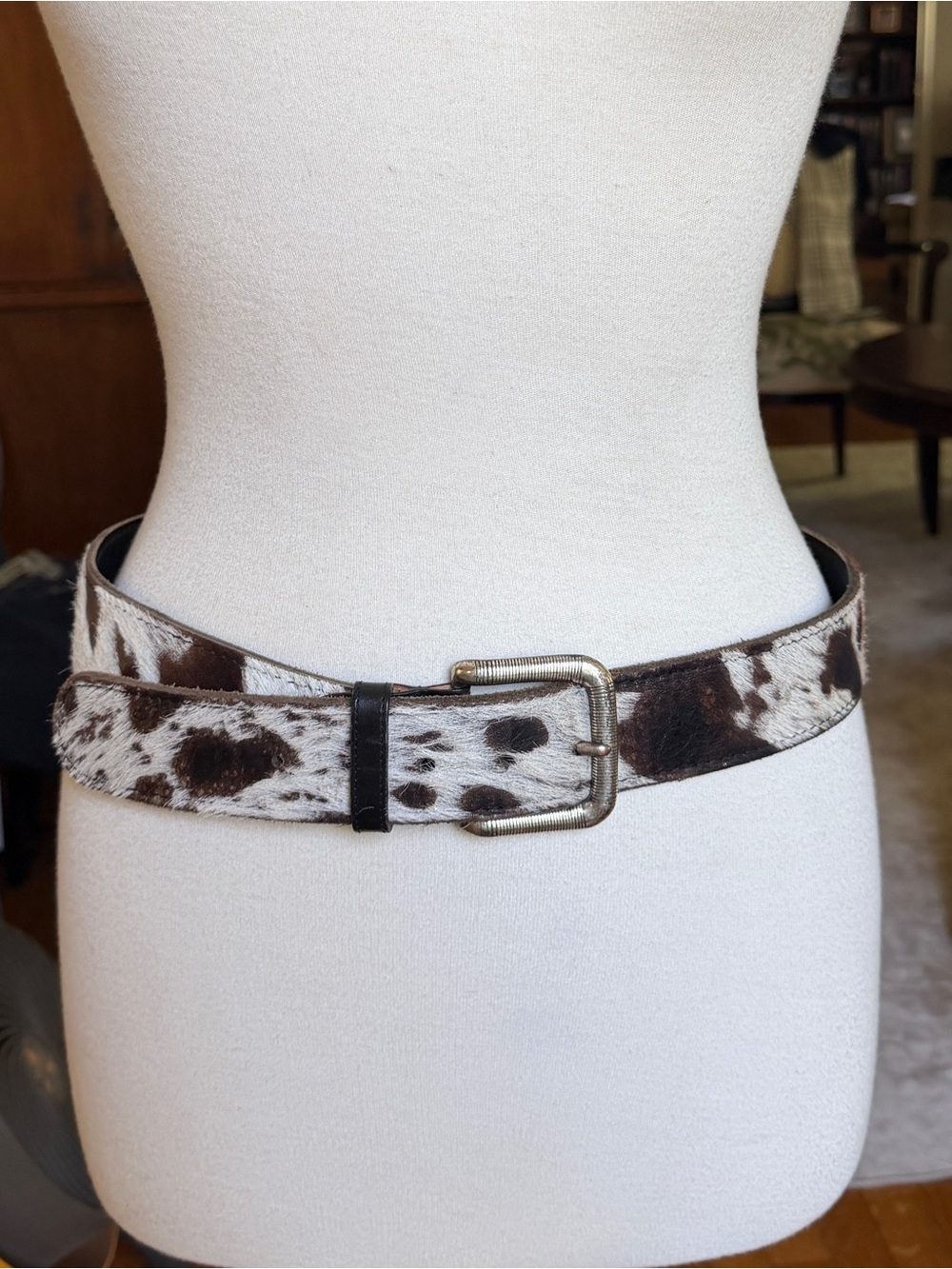 Cowhide Print Leather Belt - Brown/White
